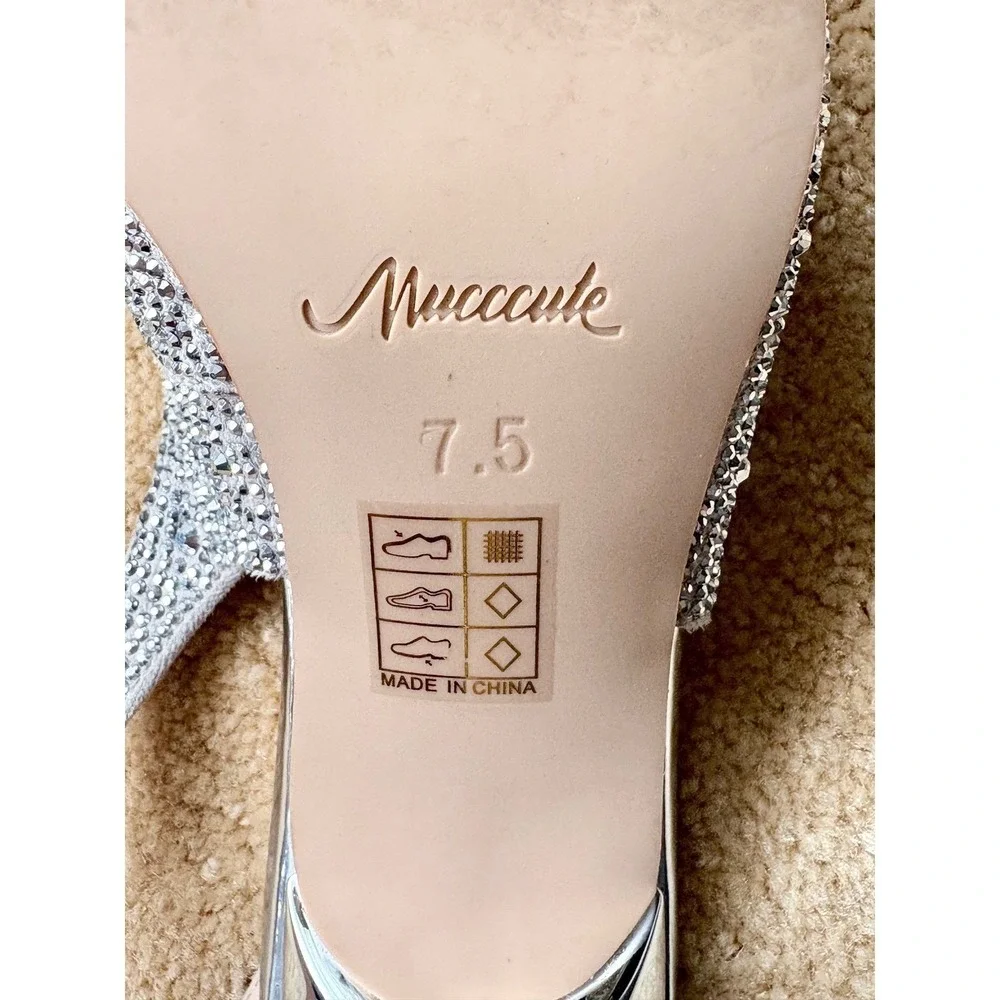 NWOT Mucccute Silver Rhinestone Slingback Pointed‎ Toe Sculptural Heel  Gala 7.5
